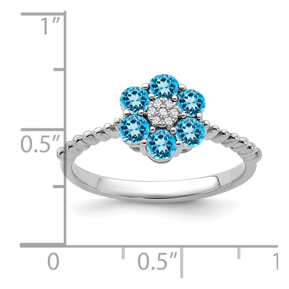 Solid 14k White Gold Simulated Blue Topaz and CZ Floral Ring
