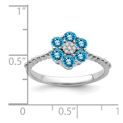 Solid 14k White Gold Simulated Blue Topaz and CZ Floral Ring