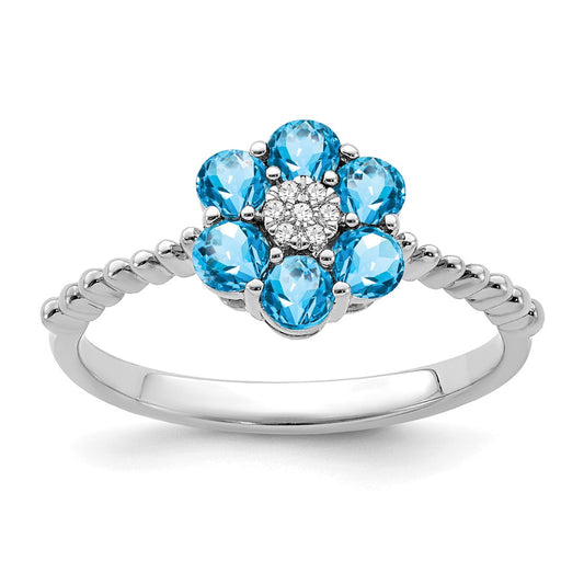 Solid 14k White Gold Simulated Blue Topaz and CZ Floral Ring