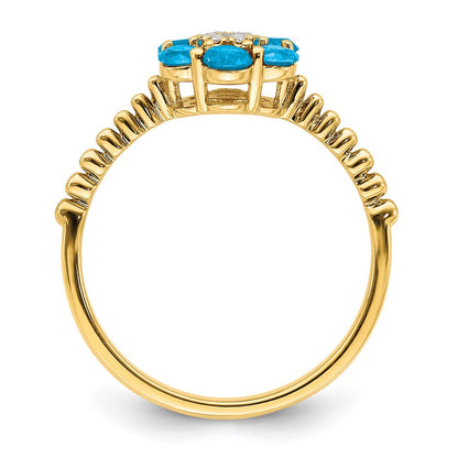 Solid 14k Yellow Gold Simulated Blue Topaz and CZ Floral Ring