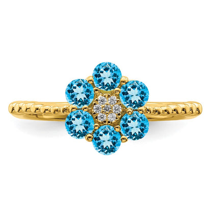 Solid 14k Yellow Gold Simulated Blue Topaz and CZ Floral Ring