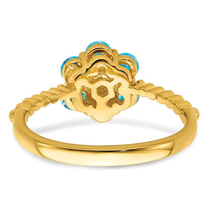 Solid 14k Yellow Gold Simulated Blue Topaz and CZ Floral Ring