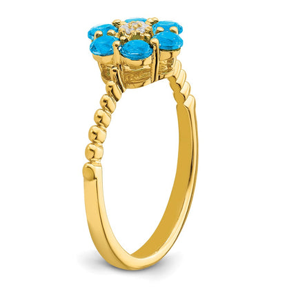 Solid 14k Yellow Gold Simulated Blue Topaz and CZ Floral Ring