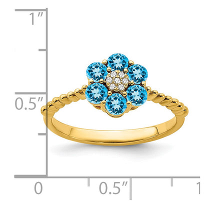 Solid 14k Yellow Gold Simulated Blue Topaz and CZ Floral Ring
