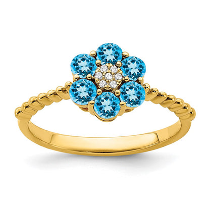 14k yellow gold blue topaz and real diamond floral ring rm7191 bt 003 ya