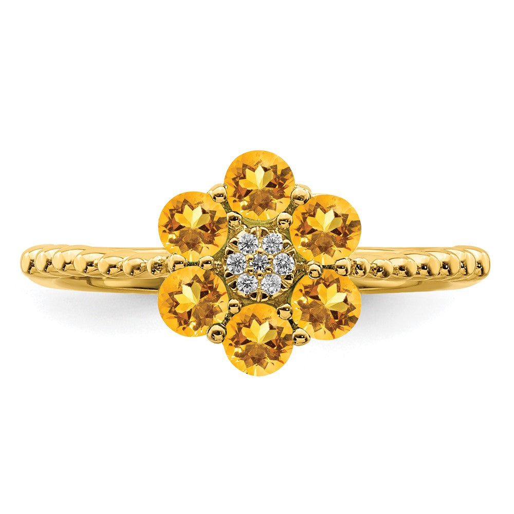 Solid 14k Yellow Gold Simulated Citrine and CZ Floral Ring