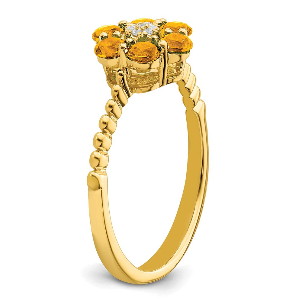 Solid 14k Yellow Gold Simulated Citrine and CZ Floral Ring