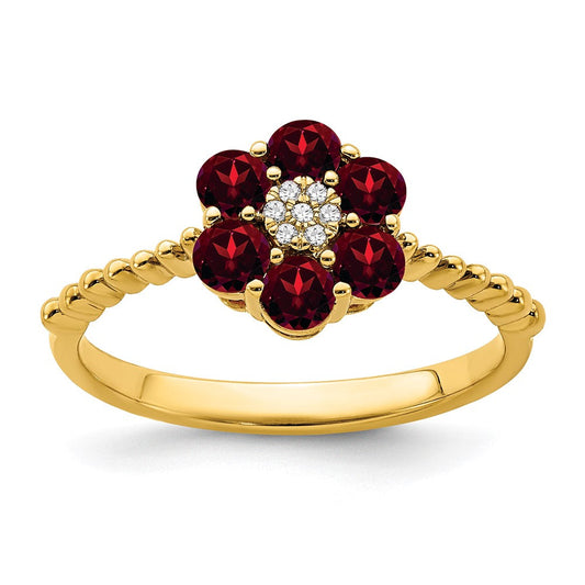 14k yellow gold garnet and real diamond floral ring rm7191 ga 003 ya