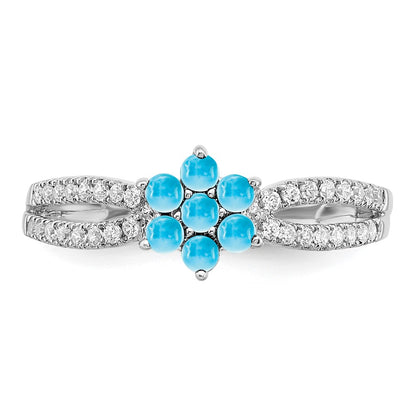 Solid 14k White Gold Simulated Blue Topaz and CZ Floral Ring
