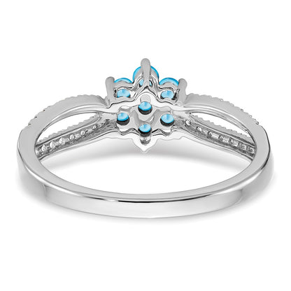 Solid 14k White Gold Simulated Blue Topaz and CZ Floral Ring