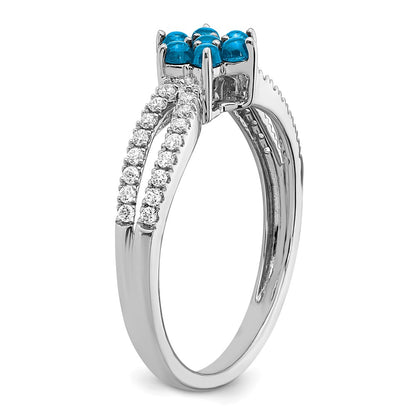 Solid 14k White Gold Simulated Blue Topaz and CZ Floral Ring