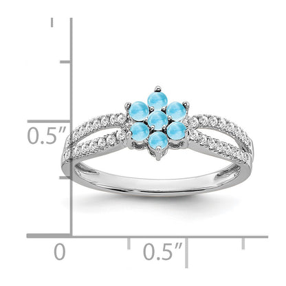 Solid 14k White Gold Simulated Blue Topaz and CZ Floral Ring