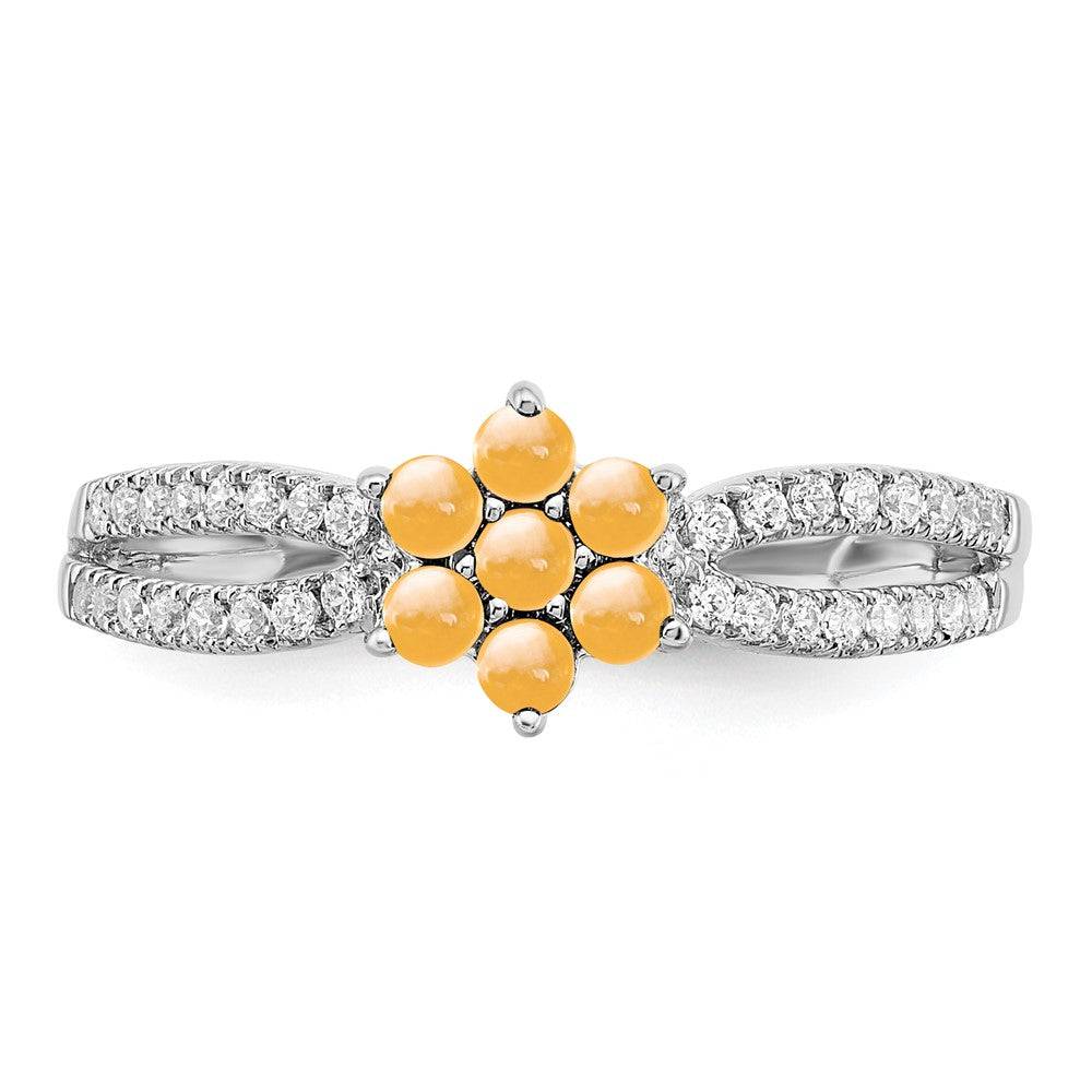 Solid 14k White Gold Simulated Citrine and CZ Floral Ring