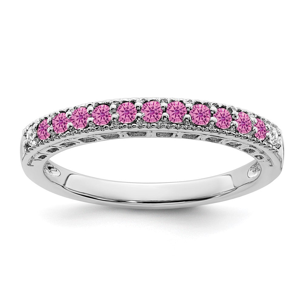 Solid 14k White Gold Created PinK Simulated Sapphire and CZ Band
