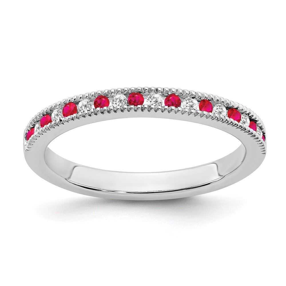 Solid 14k White Gold Simulated Ruby and CZ Band