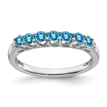 Solid 14k White Gold Simulated Blue Topaz and CZ 7-stone Ring