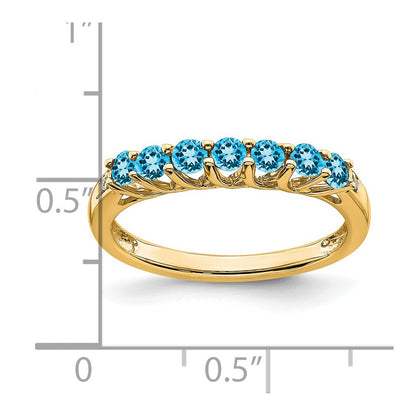 Solid 14k Yellow Gold Simulated Blue Topaz and CZ 7-stone Ring
