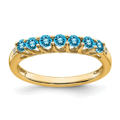 Solid 14k Yellow Gold Simulated Blue Topaz and CZ 7-stone Ring