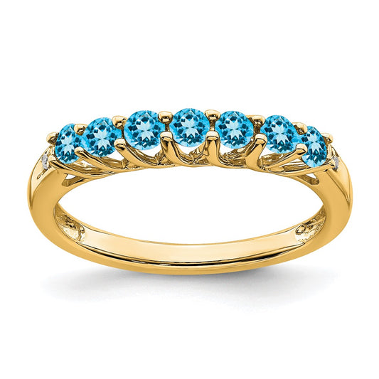 Solid 14k Yellow Gold Simulated Blue Topaz and CZ 7-stone Ring