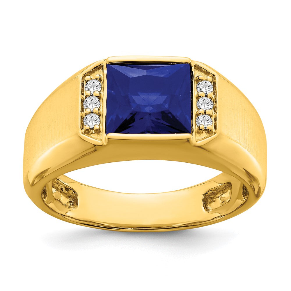 14k yellow gold square created sapphire and real diamond mens ring rm7462 csa 012 ya