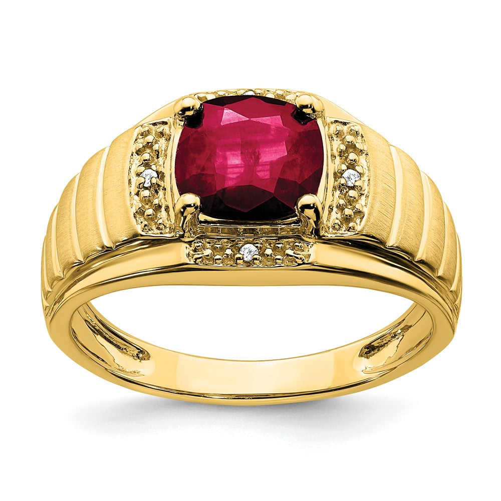 14k yellow gold cushion created ruby and real diamond mens ring rm7467 cru 002 ya