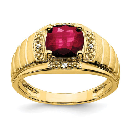 14k yellow gold cushion created ruby and real diamond mens ring rm7467 cru 002 ya