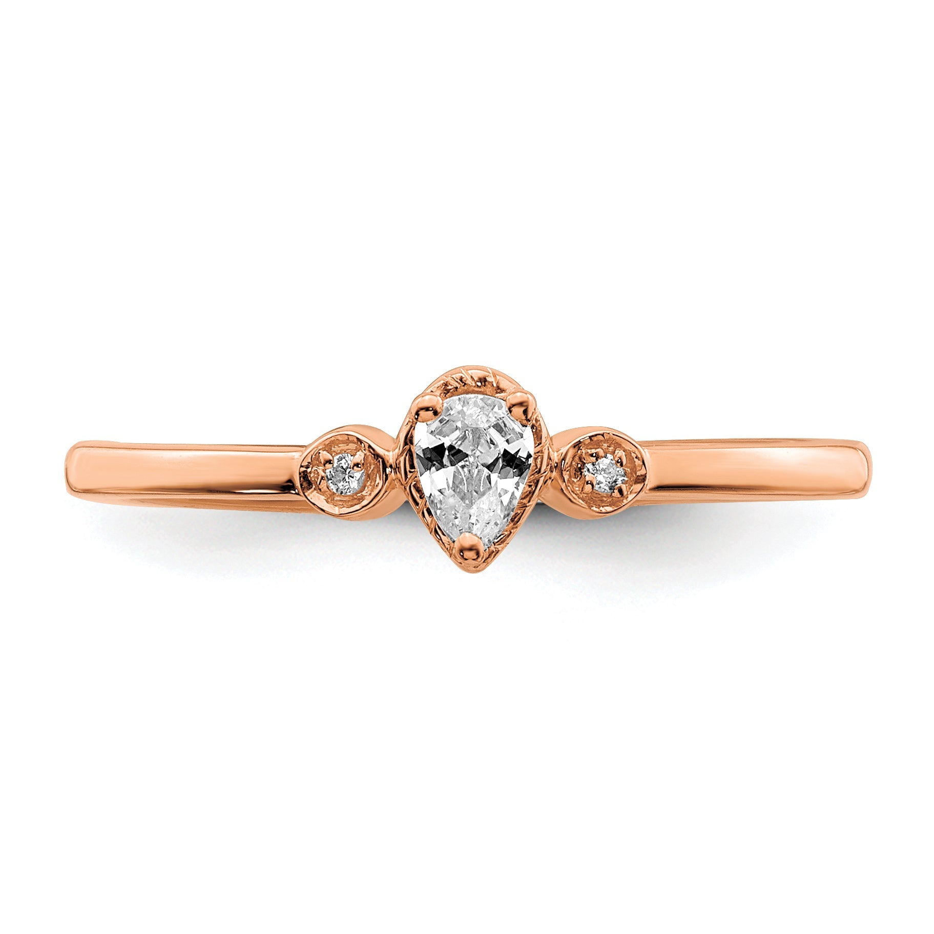 0.10ct. CZ Solid Real 14k Rose Polish Petite Rope Edge Pear Complete Dia Ring