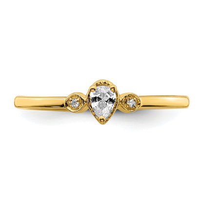 0.10ct. CZ Solid Real 14k Polish Petite Rope Edge Pear Complete Dia Ring