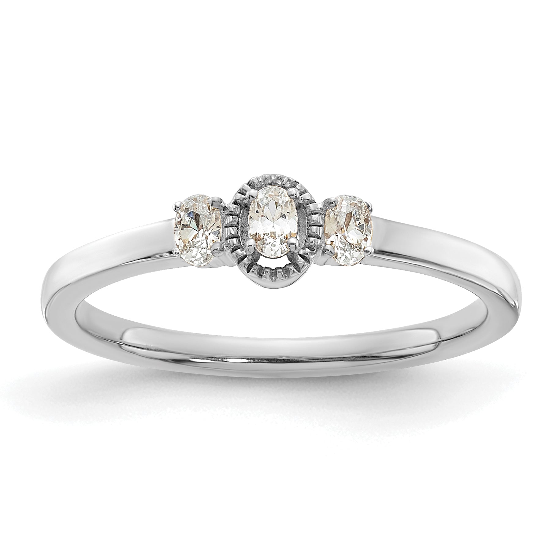 0.12ct. CZ Solid Real 14k White Polish Beaded Edges 3 stone Oval Complete Dia Ring