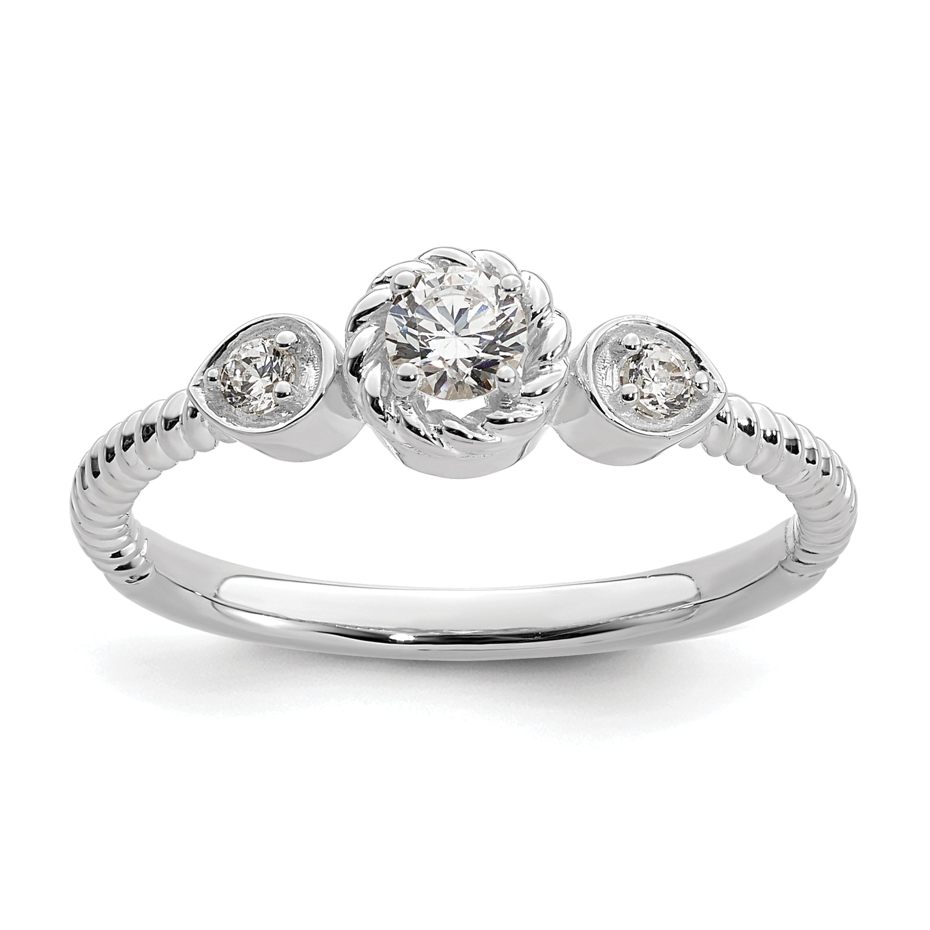 0.25ct. CZ Solid Real 14k White Polish Roped Wedding Band Ring Petite Round Complete Dia Ring