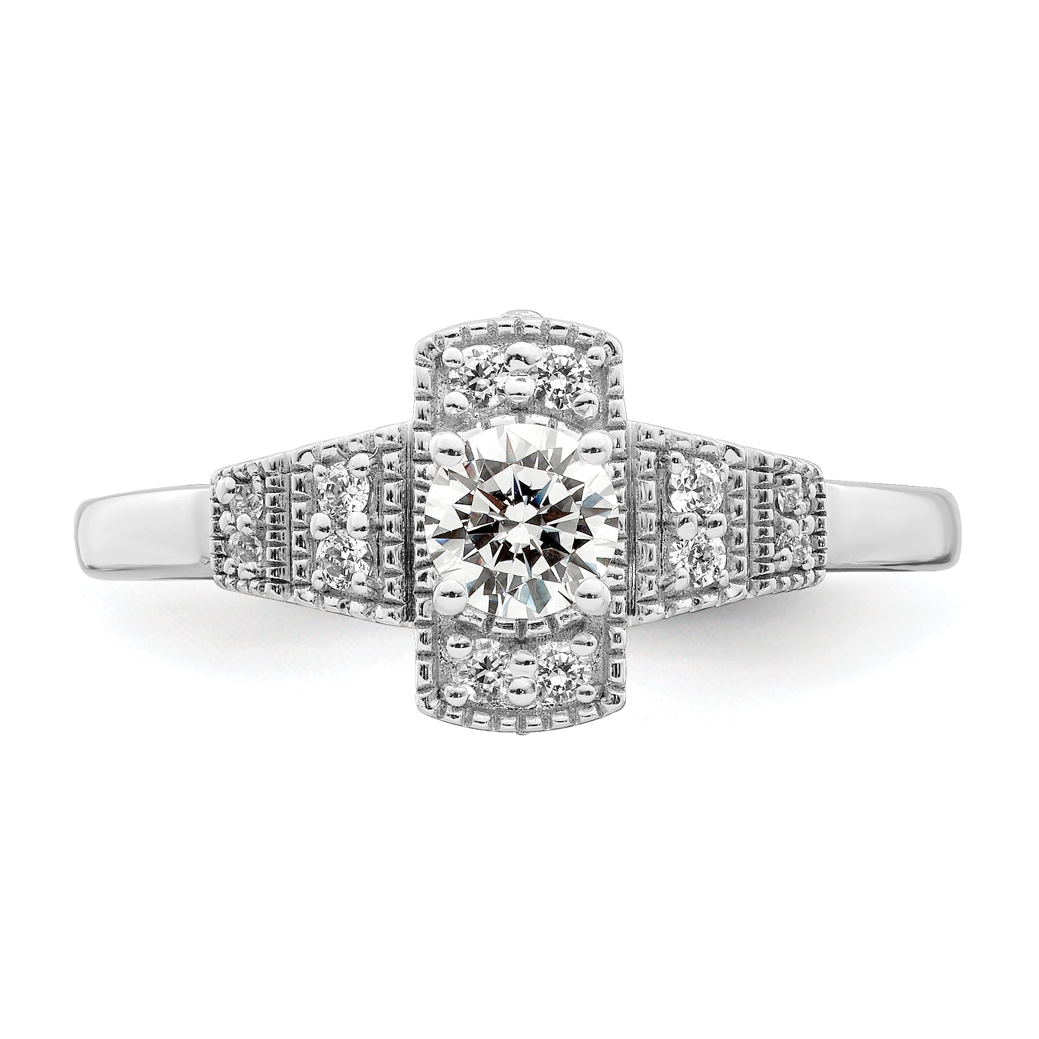 0.33ct. CZ Solid Real 14k White Polished Art Deco .33ct Round Ctr Dia Engagement Ring