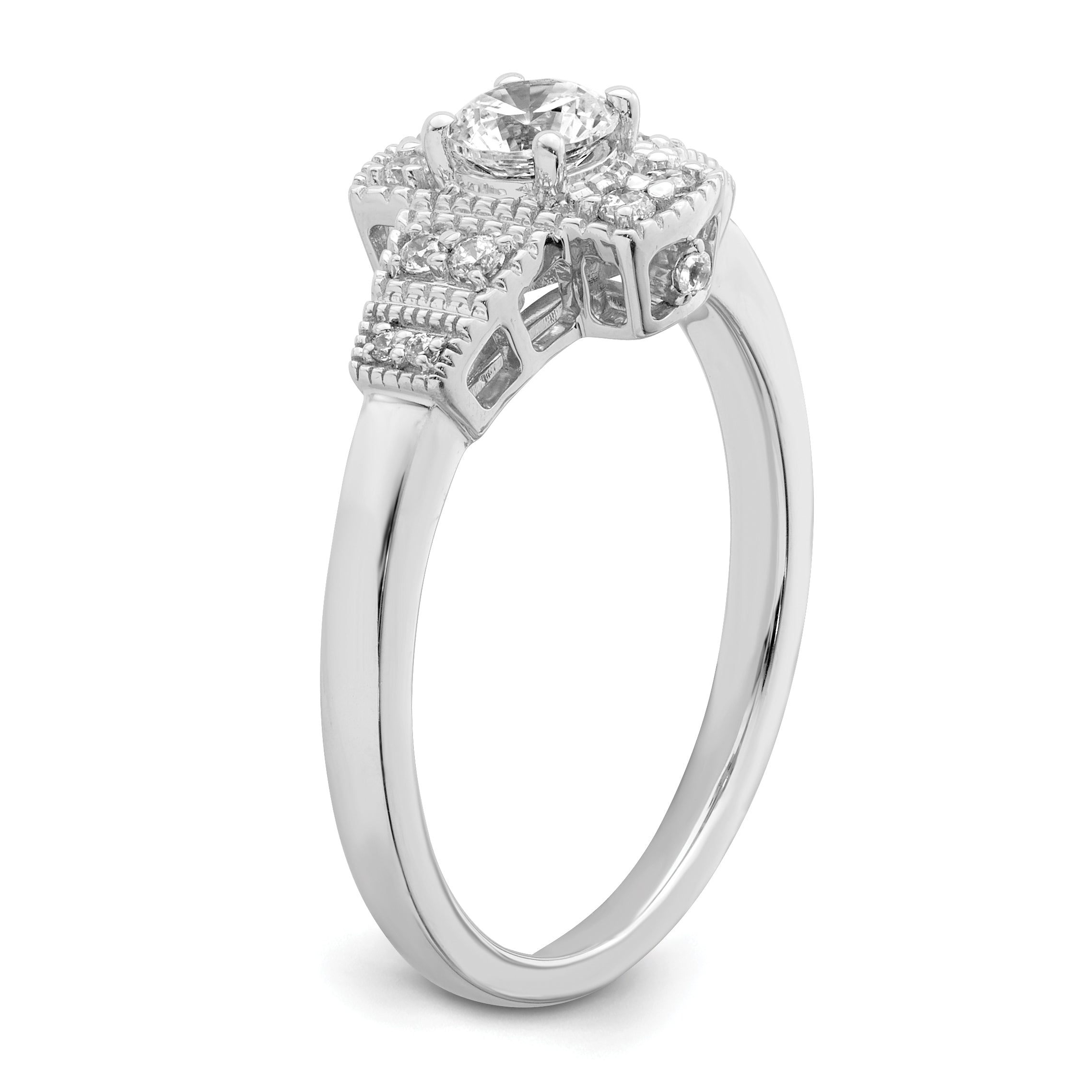 0.33ct. CZ Solid Real 14k White Polished Art Deco .33ct Round Ctr Dia Engagement Ring