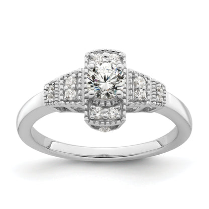 0.33ct. CZ Solid Real 14k White Polished Art Deco .33ct Round Ctr Dia Engagement Ring
