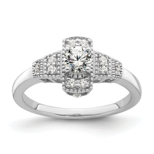 0.33ct. CZ Solid Real 14k White Polished Art Deco .33ct Round Ctr Dia Engagement Ring