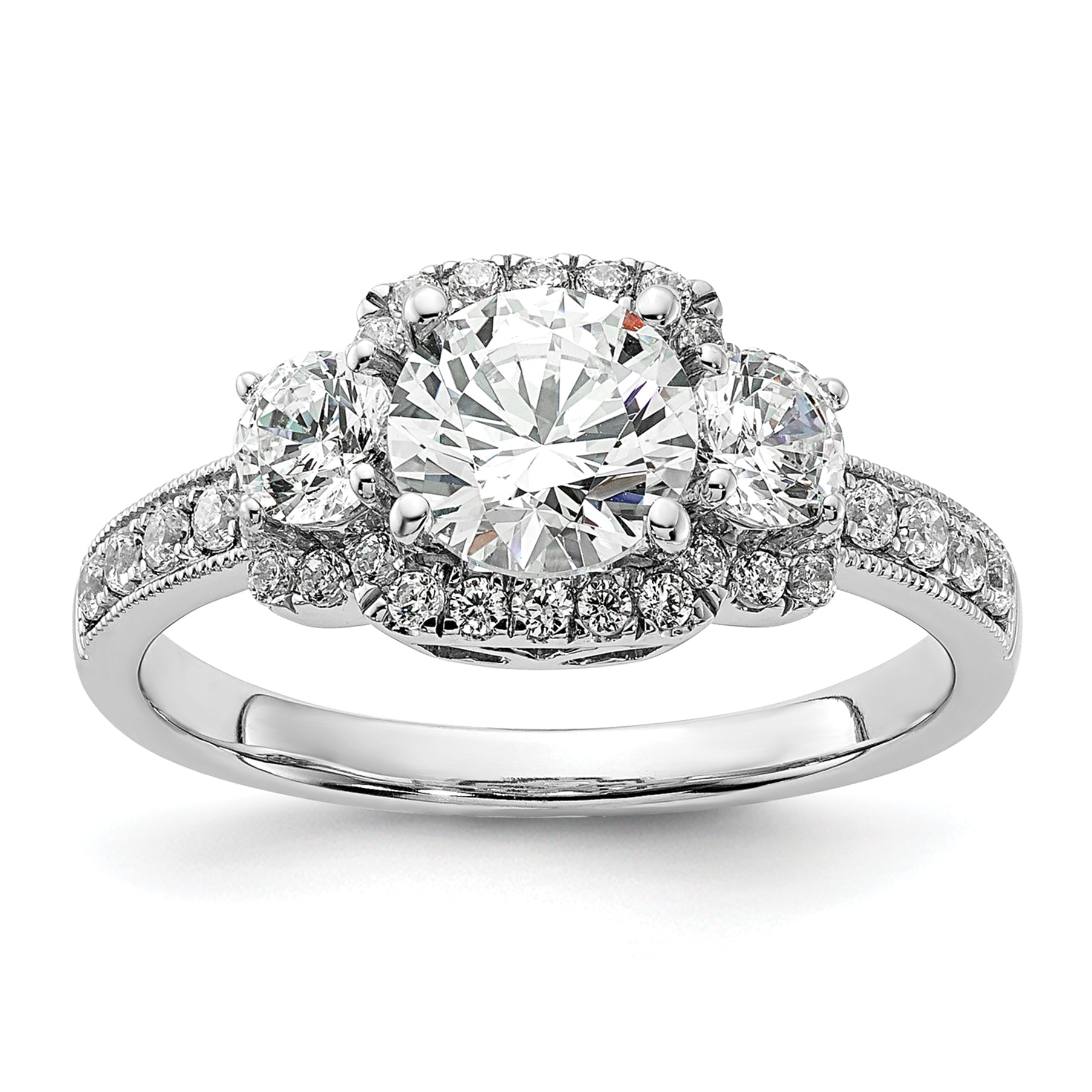 1.00ct. CZ Solid Real 14K White 3-Stone Halo Engagement Ring