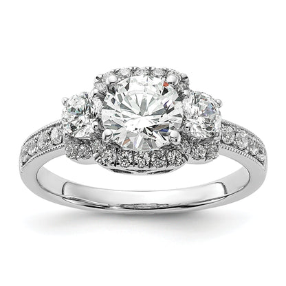 1.00ct. CZ Solid Real 14K White 3-Stone Halo Engagement Ring