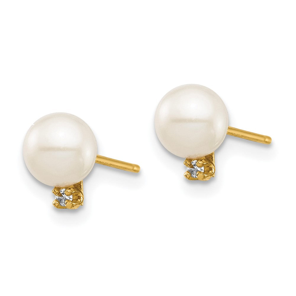 14K Madi K 5 6mm White Round FW Cultured Pearl .02ct Diamond Post Earrings