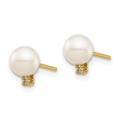 14K Madi K 5 6mm White Round FW Cultured Pearl .02ct Diamond Post Earrings