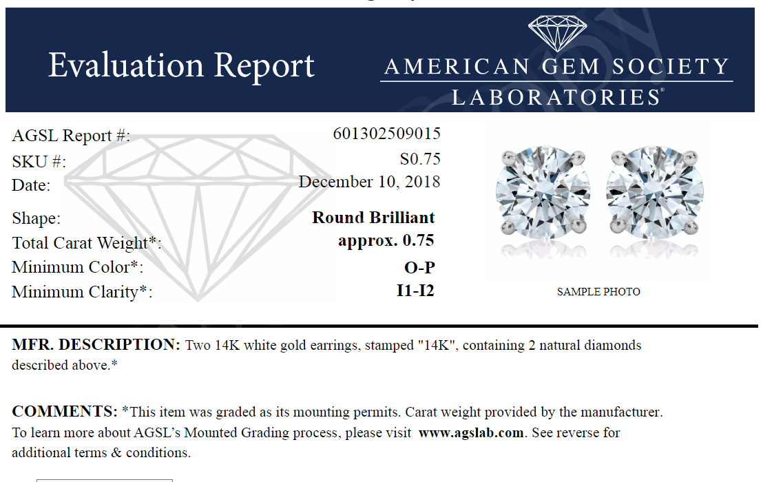 3/4 Carat TW AGS Certified Round Diamond Solitaire Stud Earrings in 14K White Gold