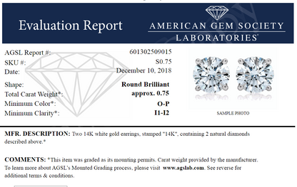3/4 Carat TW AGS Certified Round Diamond Solitaire Stud Earrings in 14K White Gold