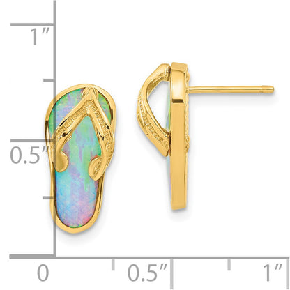 14k Yellow Gold Polished w/Created White Opal Flip Flop Post Earrings