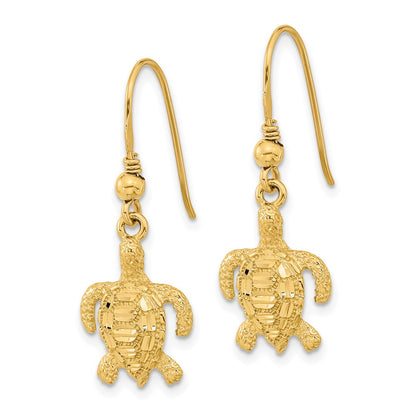14k Yellow Gold Polished u0026 Textured Diamond-cut Turtle Shepherd Hook Earrings