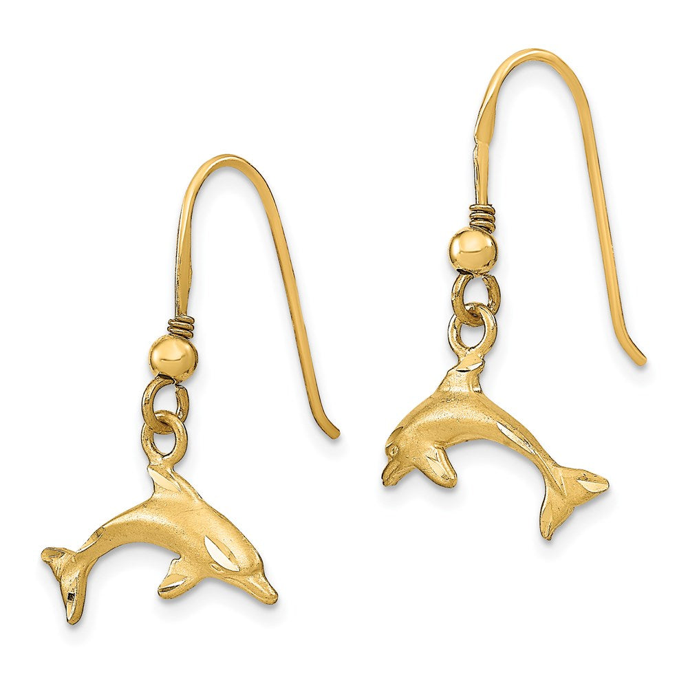 14k Yellow Gold Satin Diamond-cut Dolphin Shepherd Hook Earrings