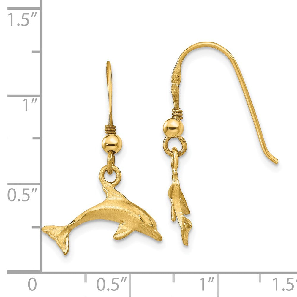 14k Yellow Gold Satin Diamond-cut Dolphin Shepherd Hook Earrings