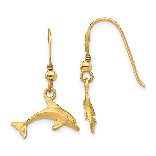 14k Yellow Gold Satin Diamond-cut Dolphin Shepherd Hook Earrings