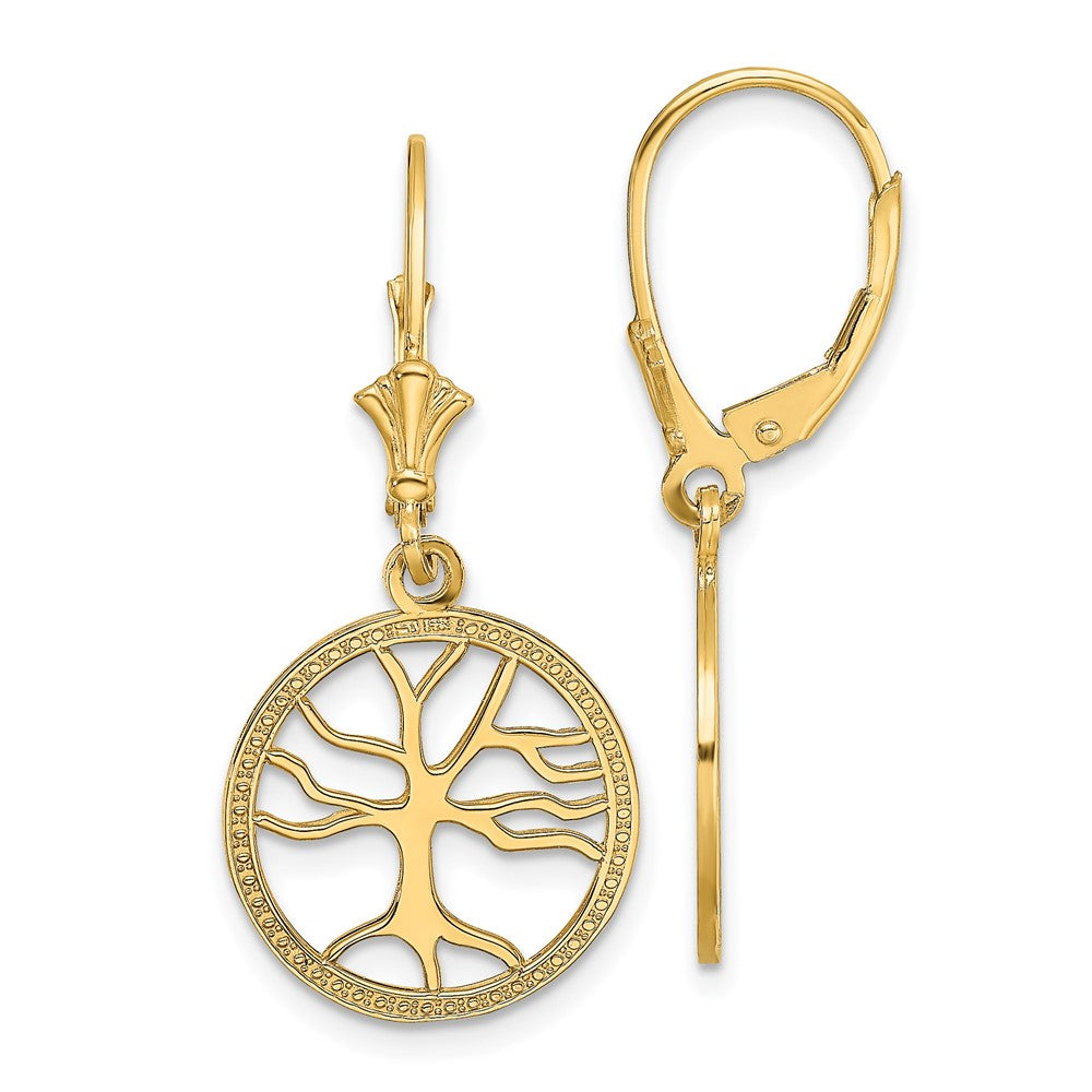 14k Yellow Gold Tree of Life In Round Frame Leverback Earrings