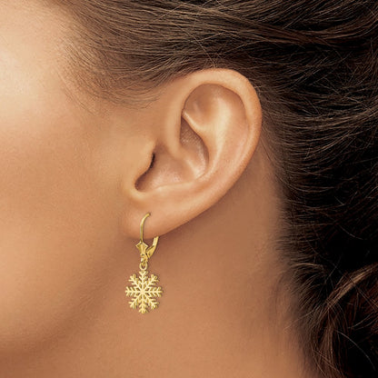 14k Yellow Gold Snowflake Leverback Earrings