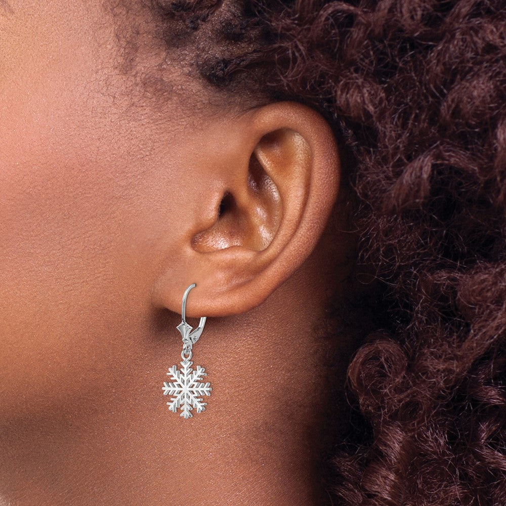 14k White Gold Snowflake Leverback Earrings
