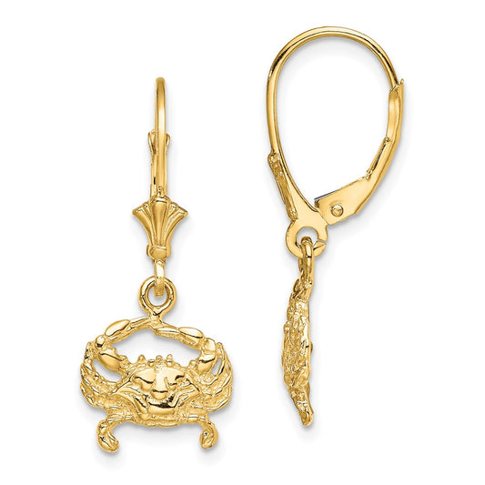14k Yellow Gold 2-D Blue Crab Leverback Earrings