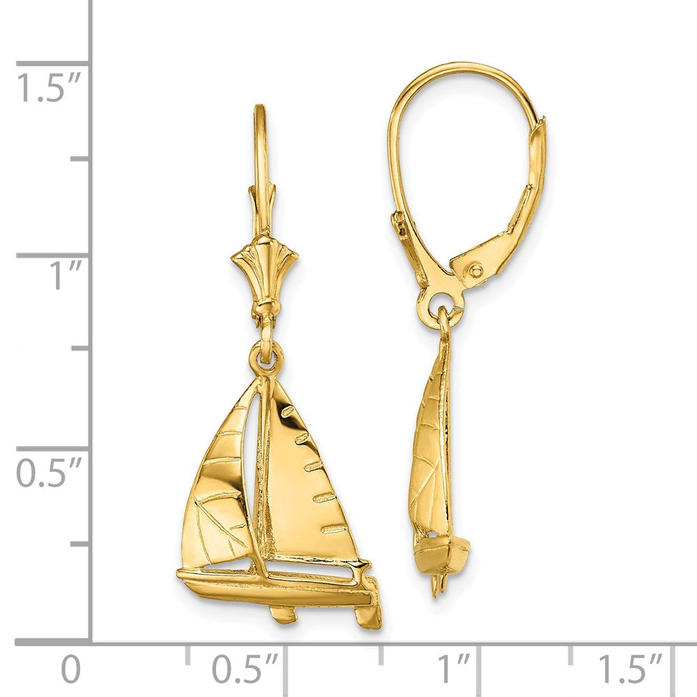 14k Yellow Gold 3-D Sailboat Leverback Earrings